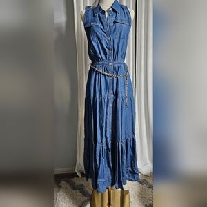 Michael Kors Blue Maxi Dress with Chain Accent